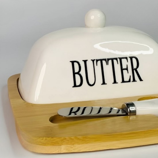 Wooden & Porcelain Butter Container 